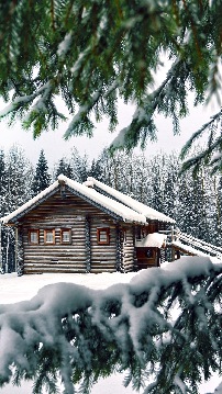 Log Cabin, snow, pine trees, christmas, winter holidays, thumbnail size